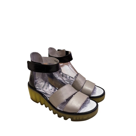 Fly London Yaba Wedge Sandals Silver Black Patent Leather Platform EU 38 US 7.5 - Picture 2 of 7